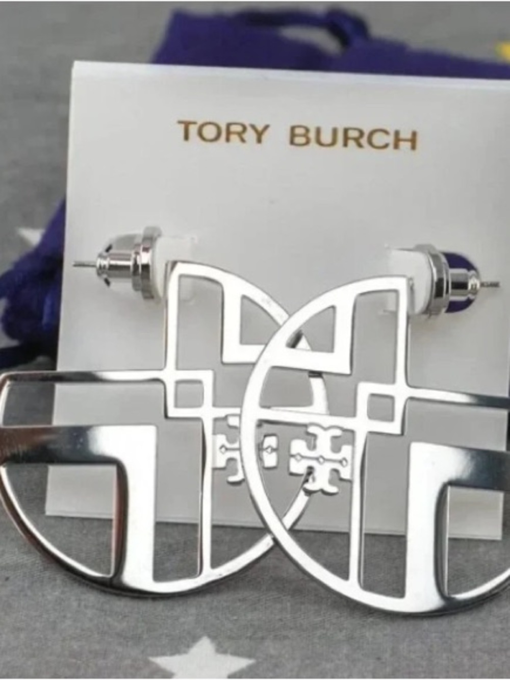 Tory Burch Silver Cutout Logo Hoop Earrings